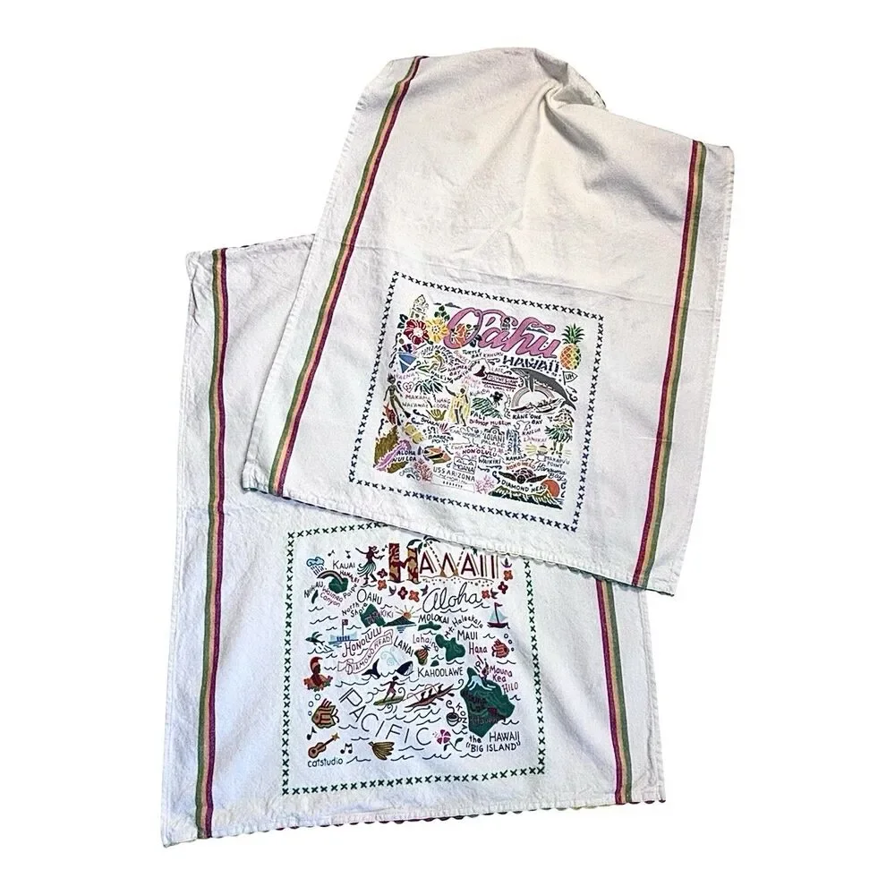 2 Pc Lot Rare CATSTUDIO Hawaii And Oahu Dish Towels 100% Hand Loomed Cotton